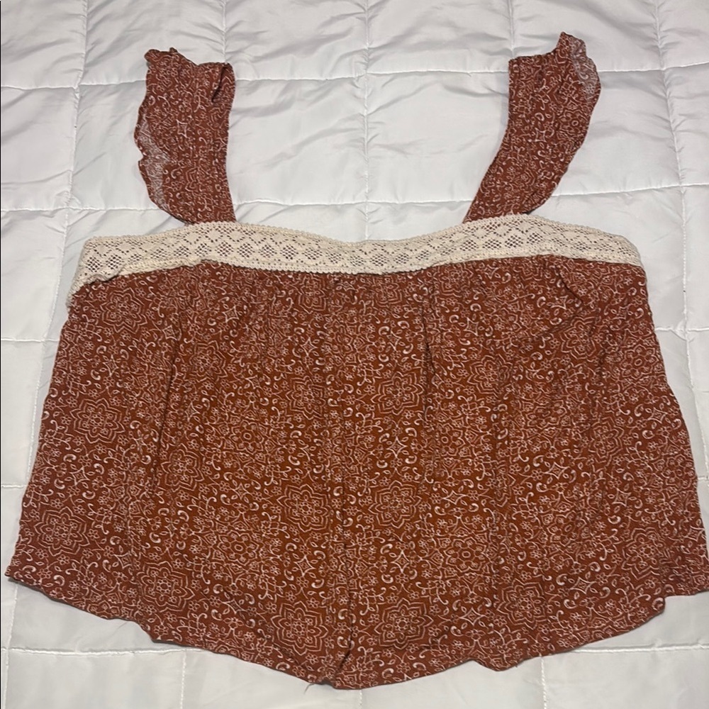 Rust Boho Lace Trim Sleeveless Top with Ruffle Straps